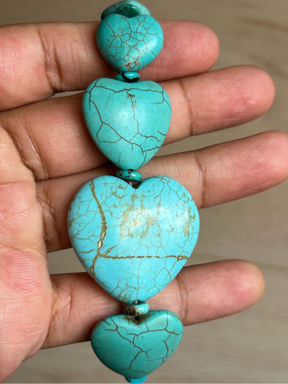 Handmade Chunky Turquoise Hearts Bracelet Size 6-6.5